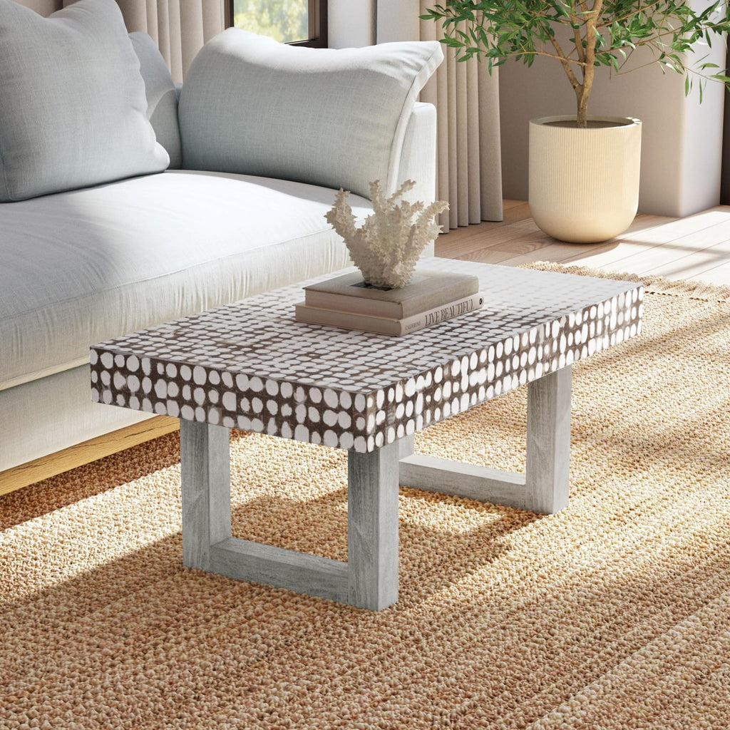 White Coffee Table - Handmade Accent Table with Coconut Shell Inlay, 40" Rectangular Wood Table, Coastal Farmhouse