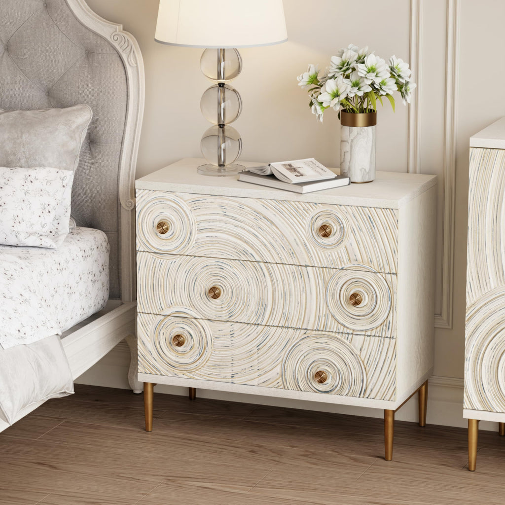 Boho Embossed 3 Drawer Dresser with Ring Motif, White and Gold