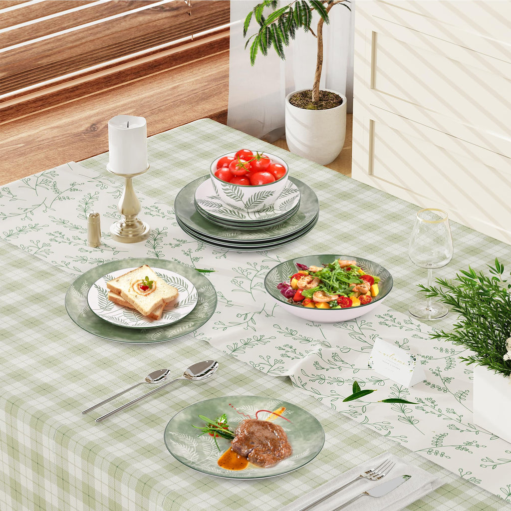 16 Pcs Porcelain Green Dishes dinnerware set for 4 With Pasta bowl