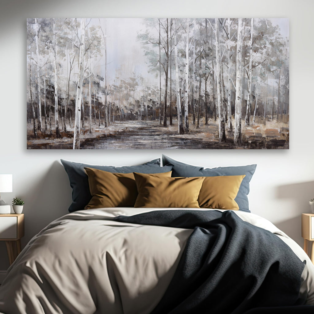 White Birch Tree Wall Art Grey Forest Painting Abstract Canvas Art Landscape Panoramic Picture Nature Artwork Framed