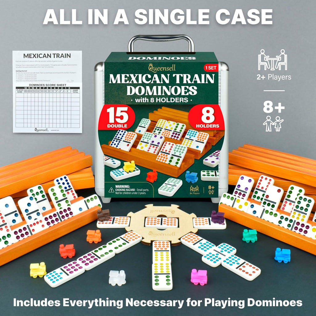 Mexican Train Dominoes Set Double 15 with 8 Holders - Wooden Hub and Tiles Holders - Double 15 with Dots (D15 + 8