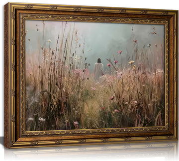 Vintage Gold Framed Wall Art Jesus Walking in Wild flower Field Christian Oil Painting Wall Decor Rustic Floral
