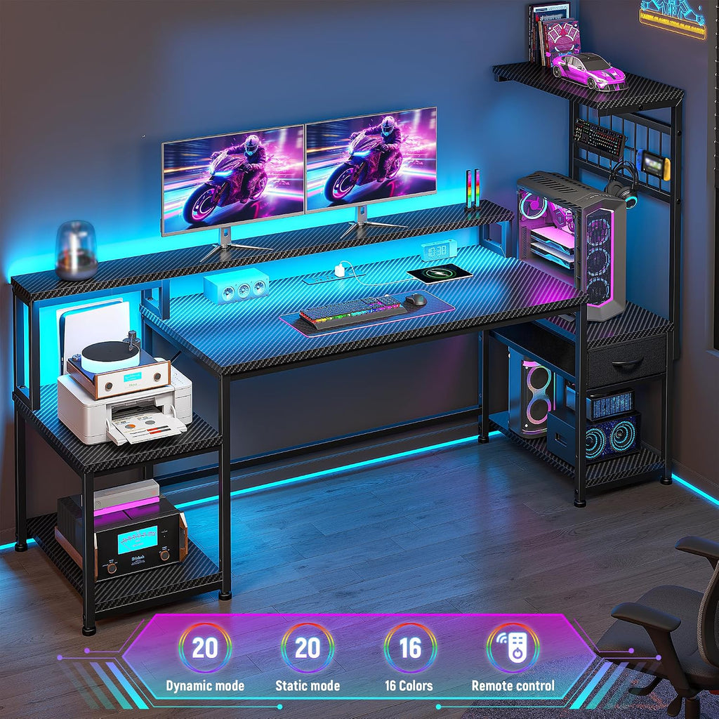 63" Gaming Desk with RGB LED,Headphone Hook Shelves | Sturdy Metal Frame No Wobble,Storage Shelves&Drawer for Game