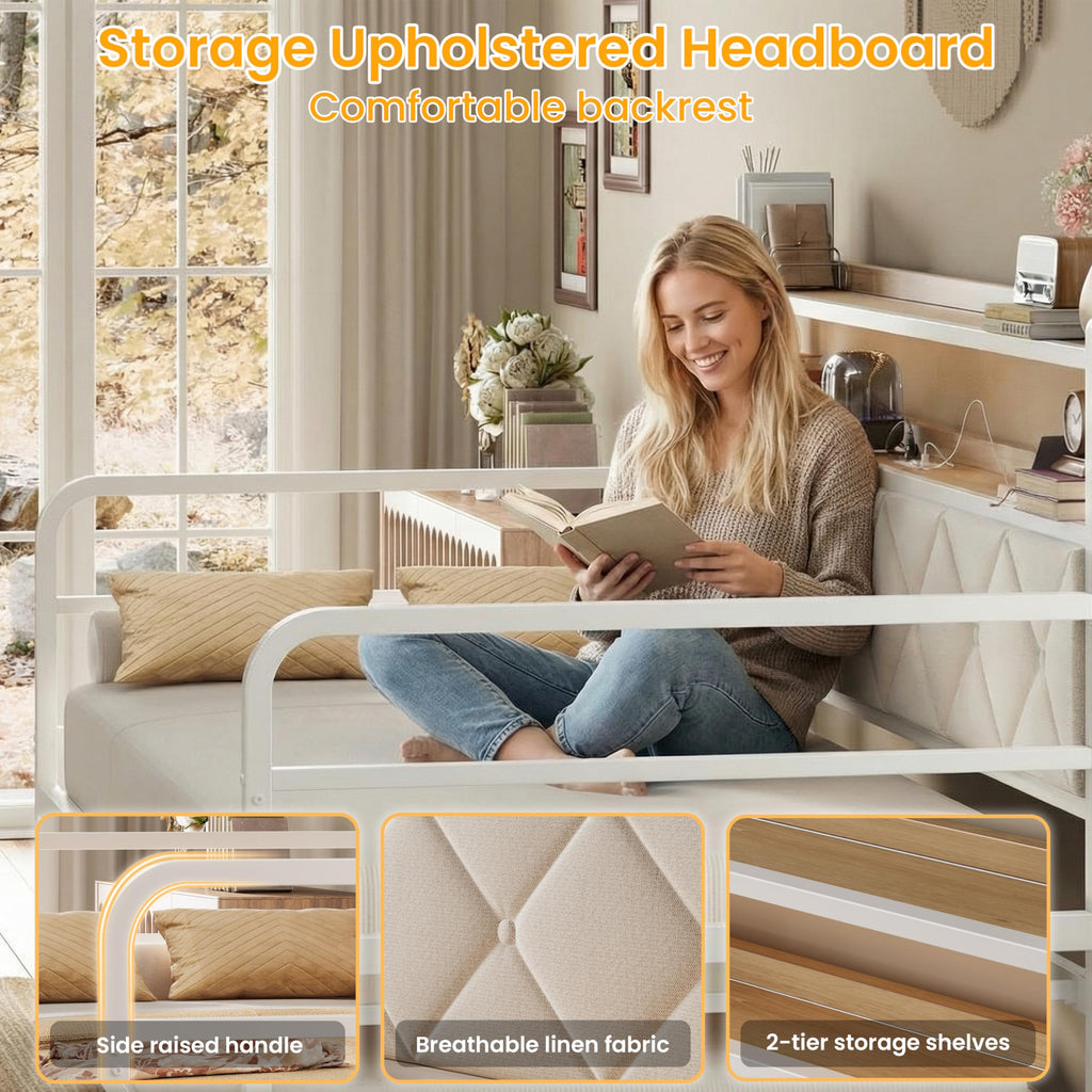 Twin Daybed with Trundle and Charging Station, White