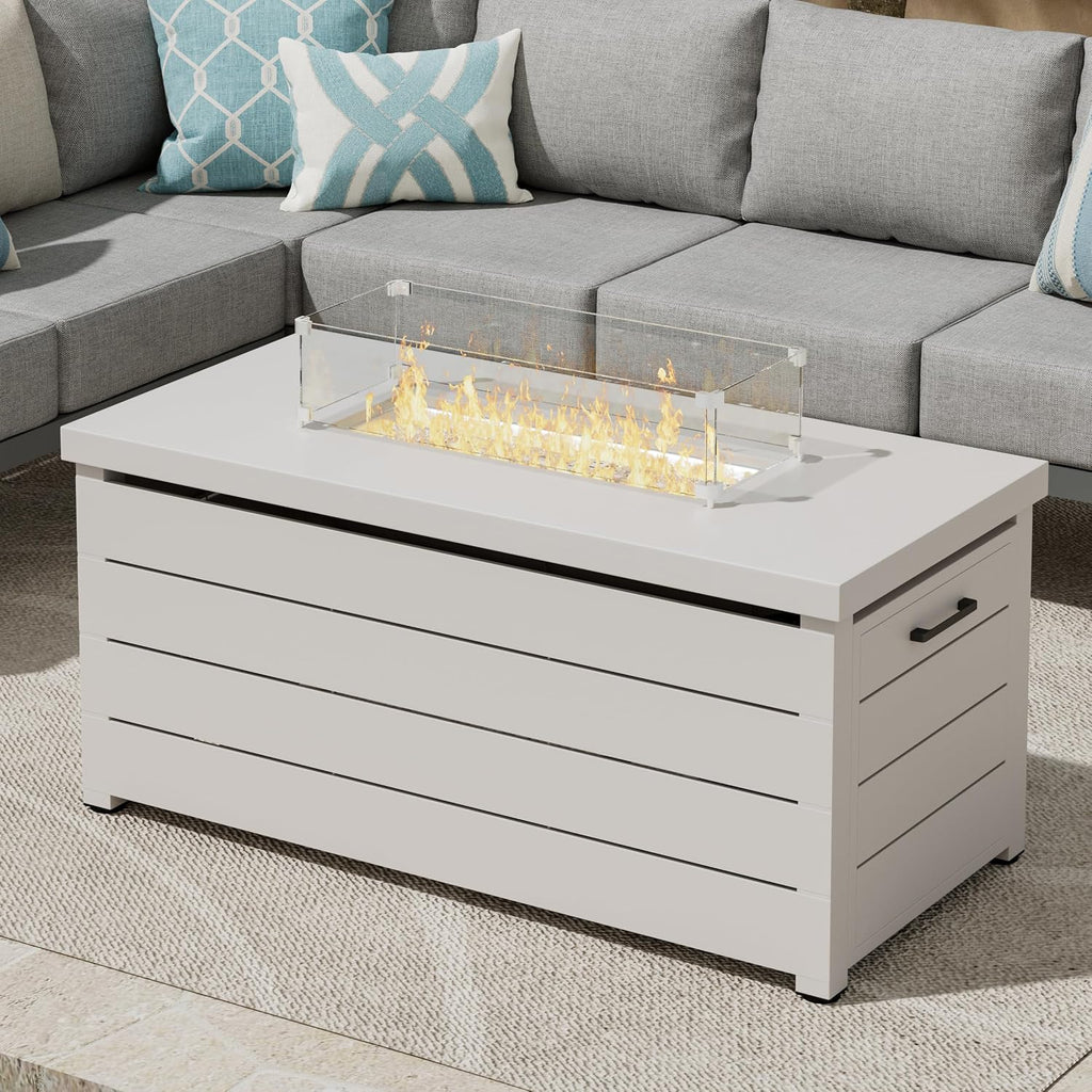 Outdoor Propane Fire Pit Table, 60,000 BTU Rectangular Gas Fire Pit with lid, Glass Bead and top Cover, 3 in 1 Fire