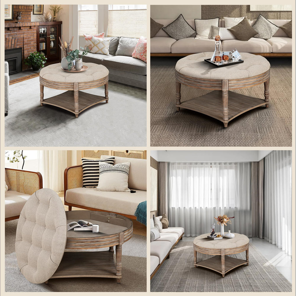 Huza Round Ottoman Coffee Table, 2 Tier Button Tufted Ottoman with Wooden Shelf Storage, Farmhouse Linen Fabric
