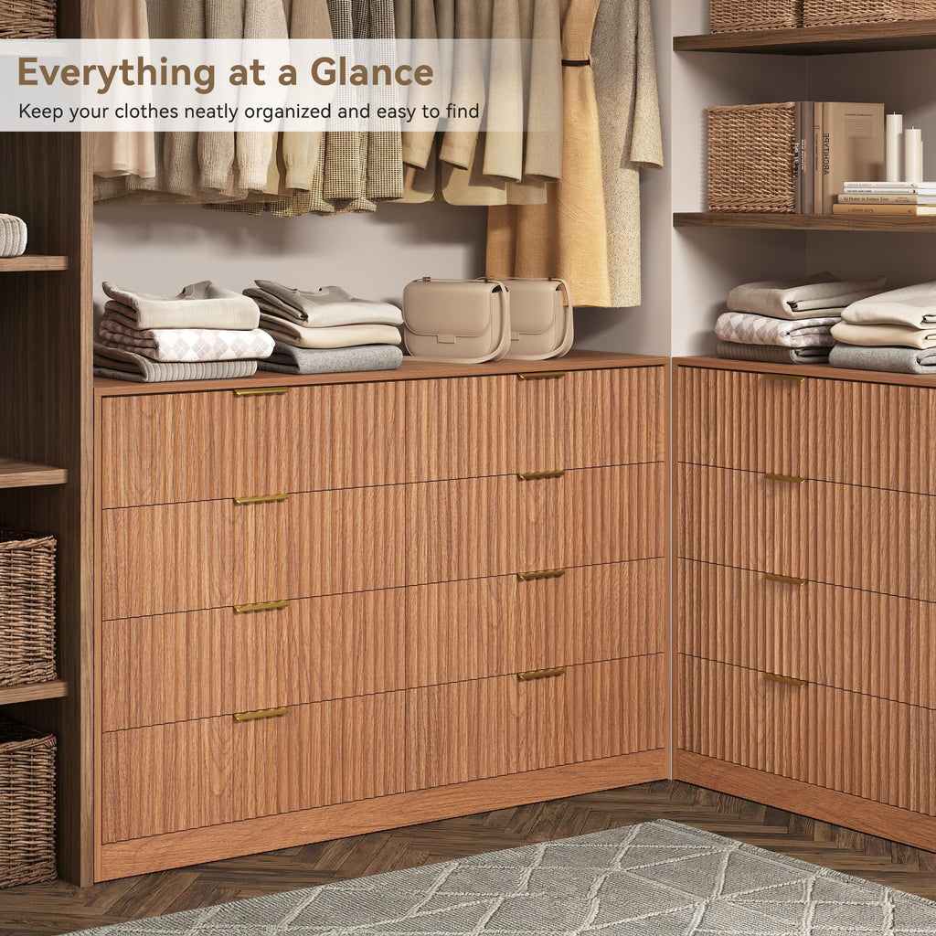 8 Drawer Dresser, 55" Wide Fluted Chest of Drawers with Gold Metal Handles, Modern Wooden Dresser, Closet Storage