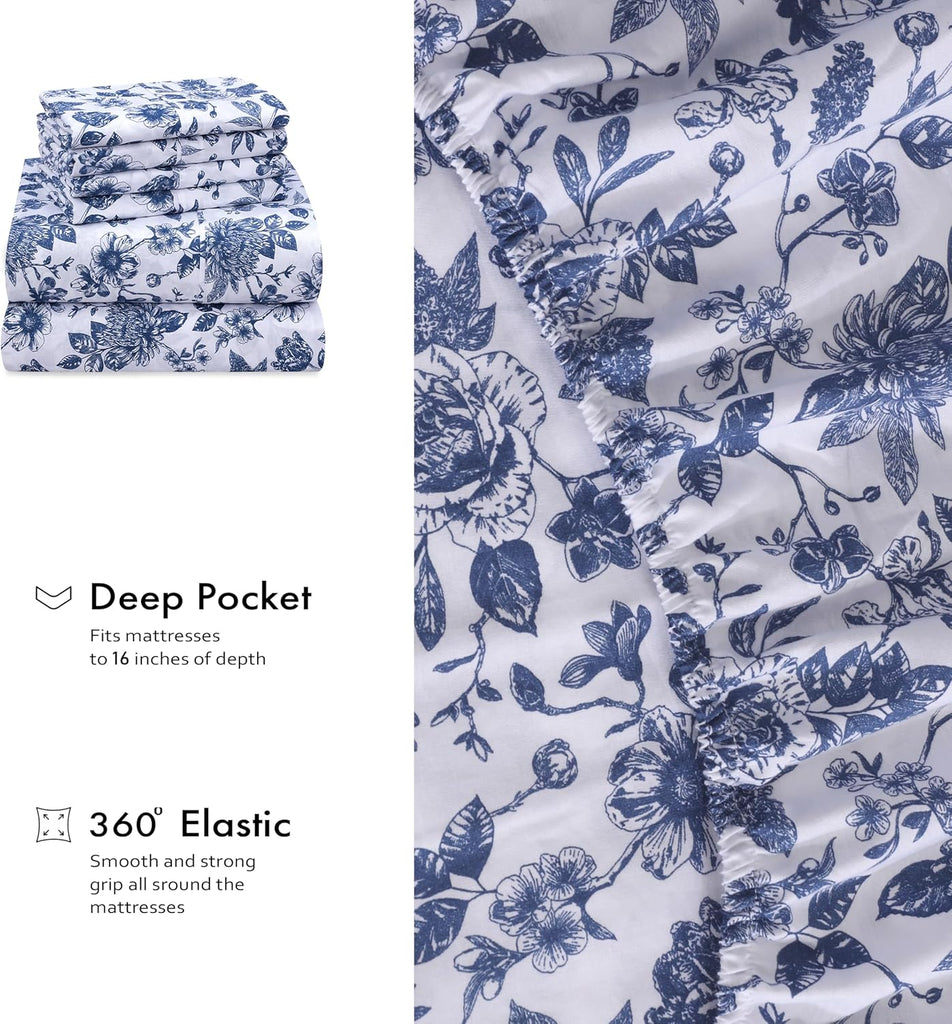 100% Cotton Percale Sheets King, Wild Flower | Cooling Bed Sheets for Hot Sleepers, Deep Pocket 16", Breathable