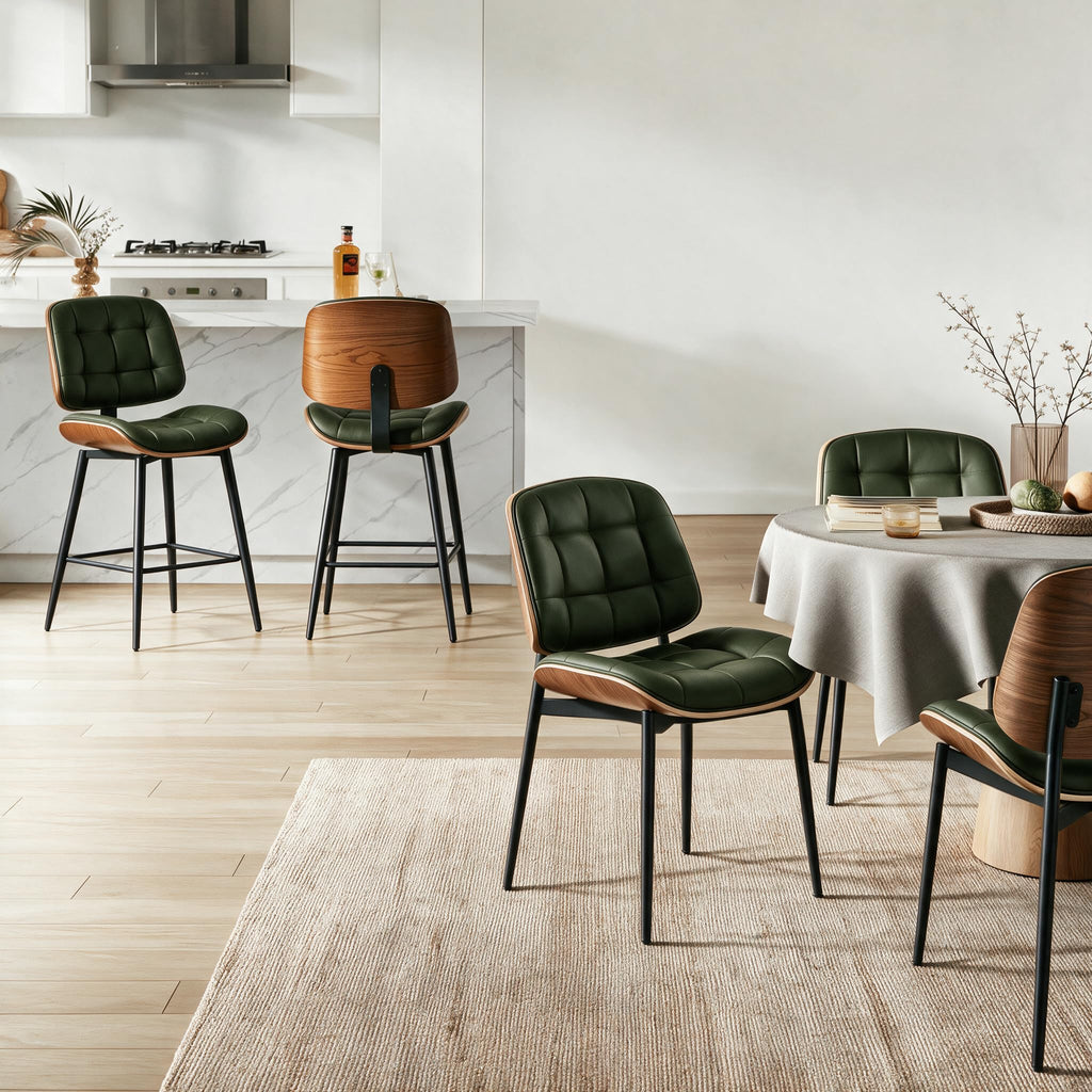 Mid Century Modern Dining Chairs with Walnut Grain Back, Green Faux Leather Dining Room Chairs Set of 4, Checkered
