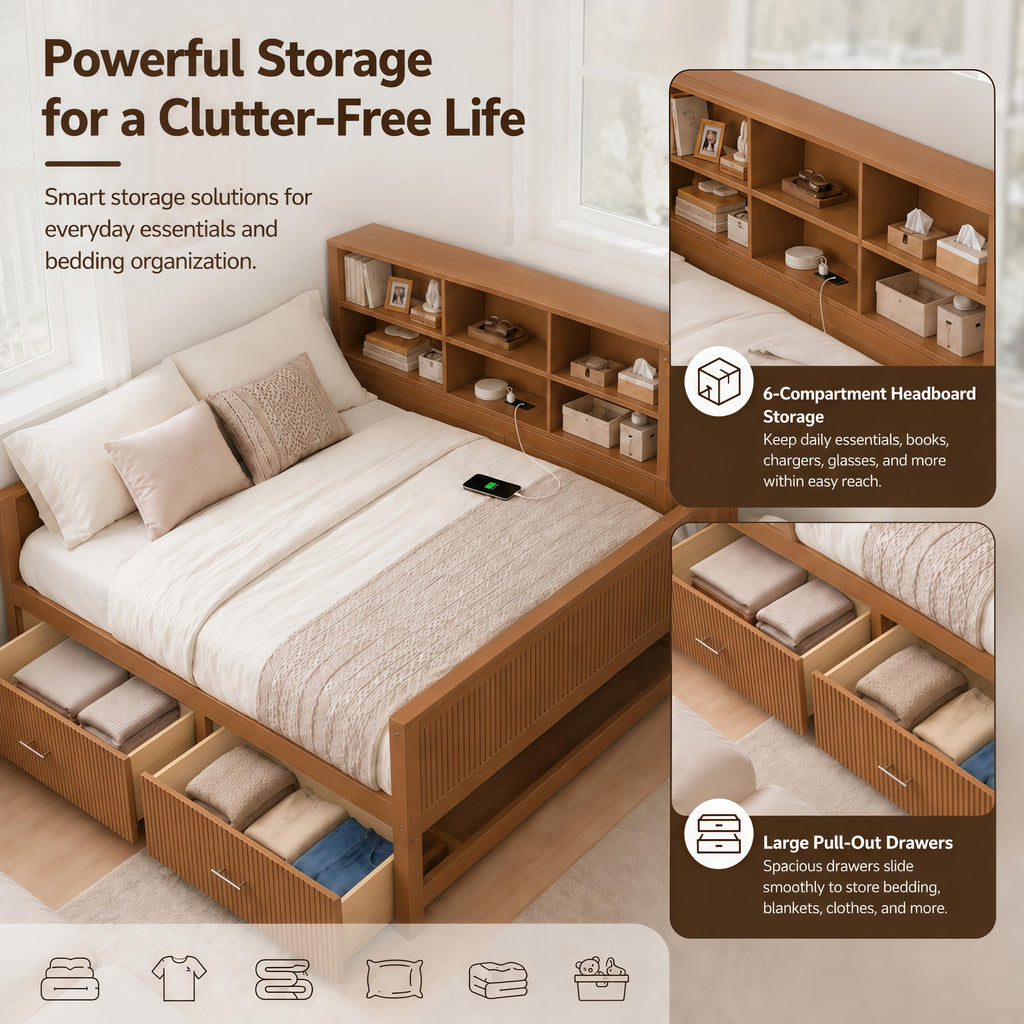 Twin Size Daybed with Storage Shelves Bookcase and Drawers, Walnut