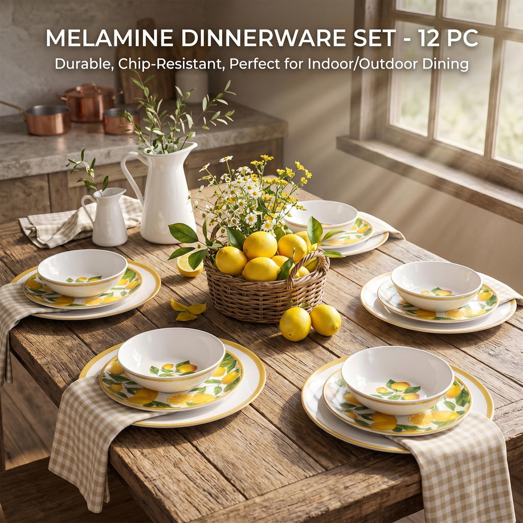 Melamine Dinnerware Sets- 12pcs Melamine Plates and Bowls Set for 4,Indoor and Outdoor Dinnerware, Lemon dinnerware