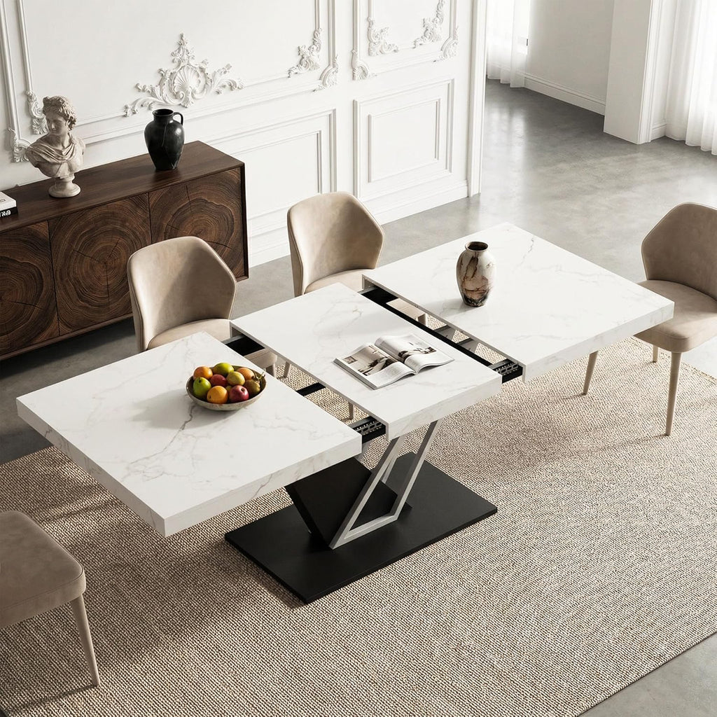 59'' to 78.7'' Extendable Dining Table for 4-8, Faux Marble Expandable Kitchen Table with Sturdy Metal Base