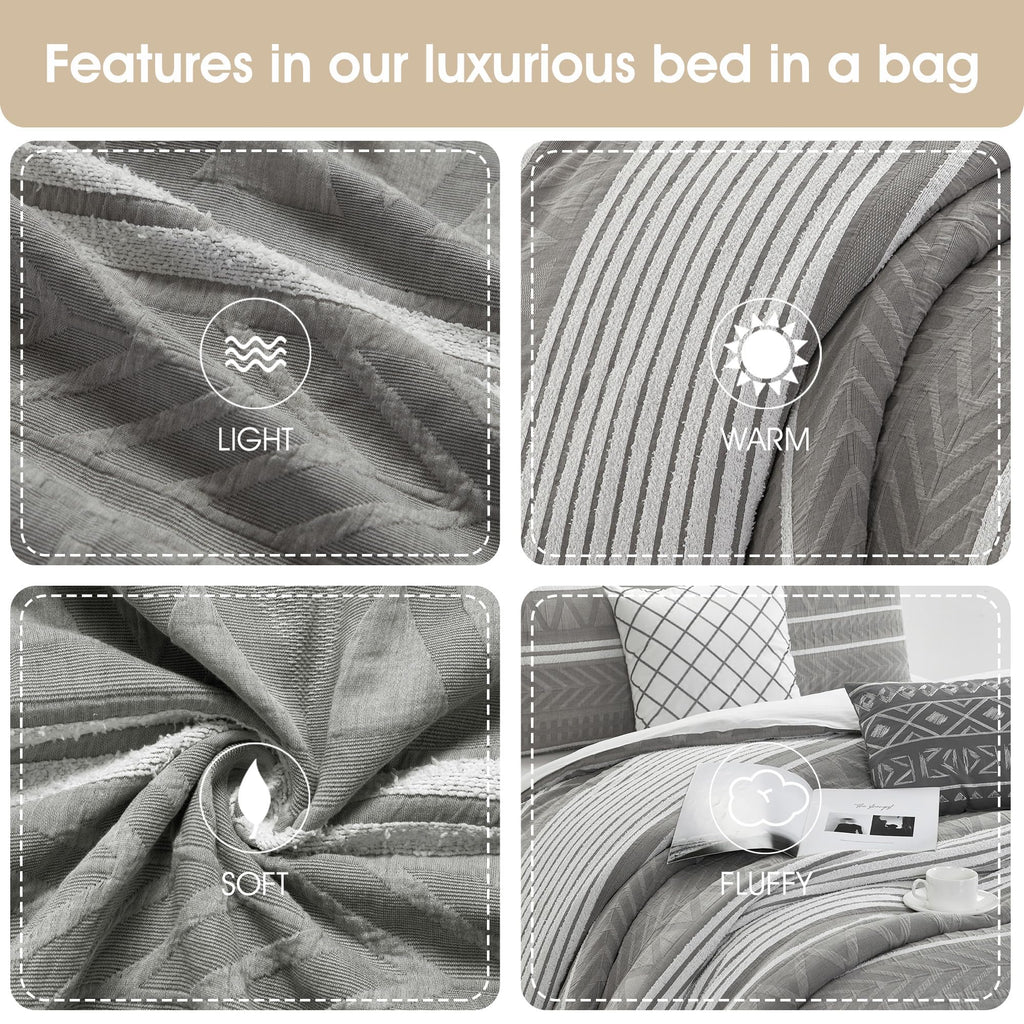 Comforter Set, 6 Piece, Color Grey, Geometric Jacquard Bedding Set, Matching Bedskirt, Pillows & Shams