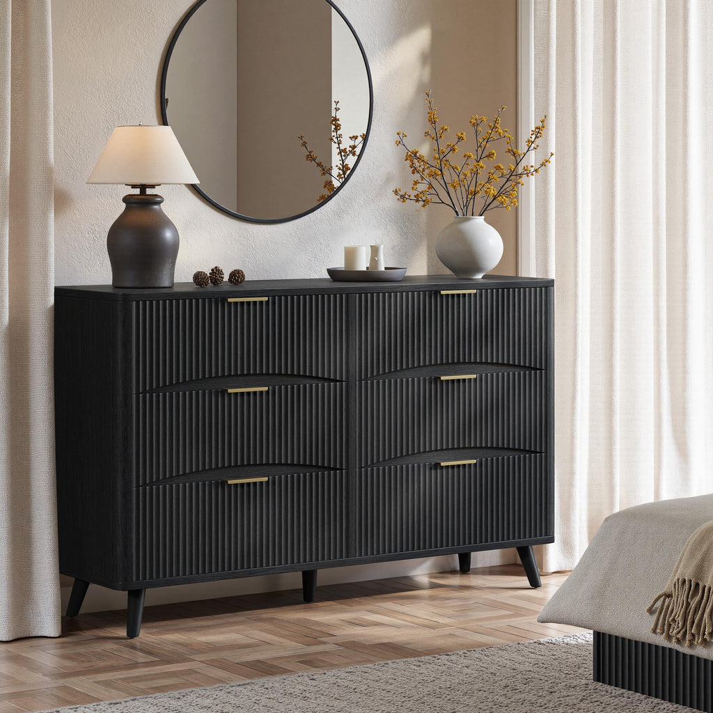 54 Inch Black 6 Drawer Dresser, Curved Fluted Chest of Drawers