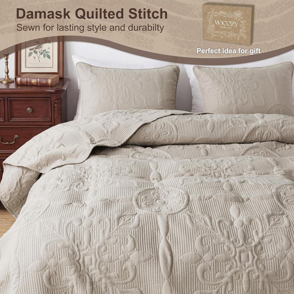 Beige Damask Quilt King Bedding Sets with 2 Pillow Shams, Boho Bedspread Lightweight Soft Farmhouse Vintage Bohemian