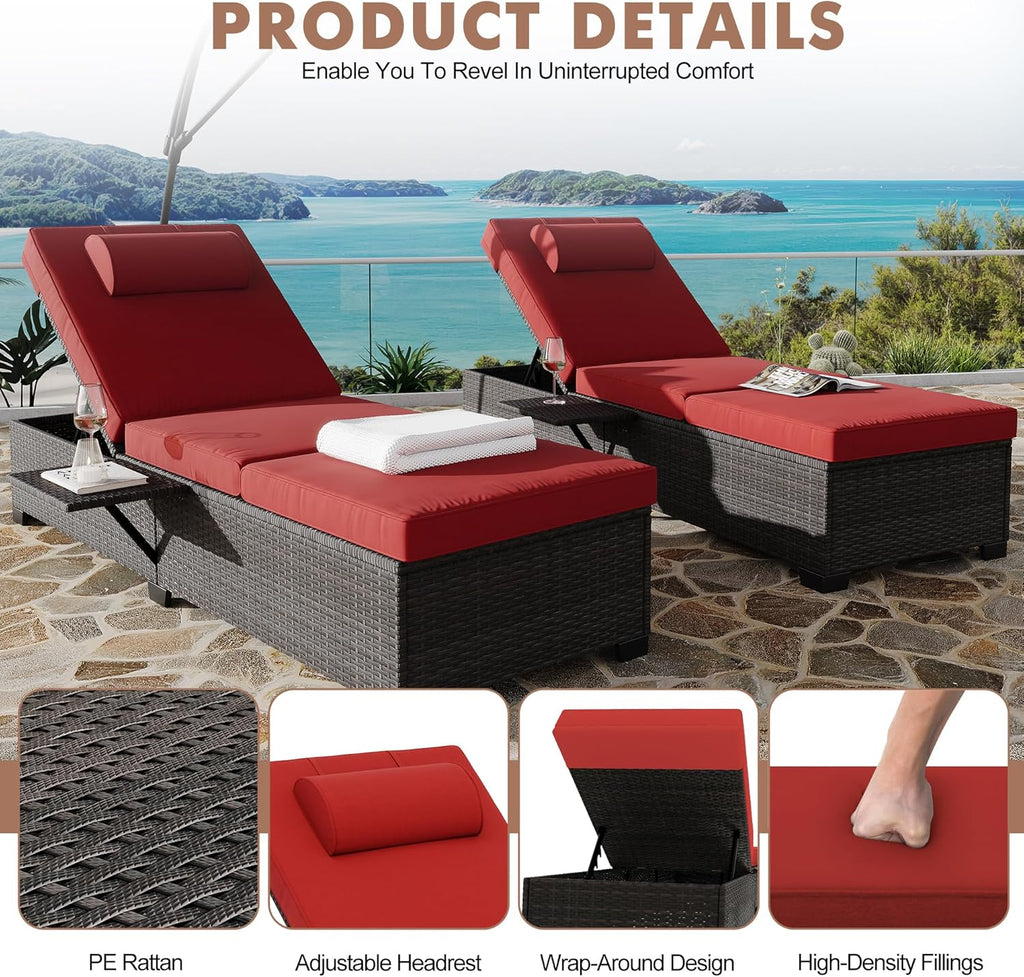 Outdoor PE Wicker Chaise Lounge Chairs, Set of 2, Brown Rattan, Modern Style, Adjustable Backrest