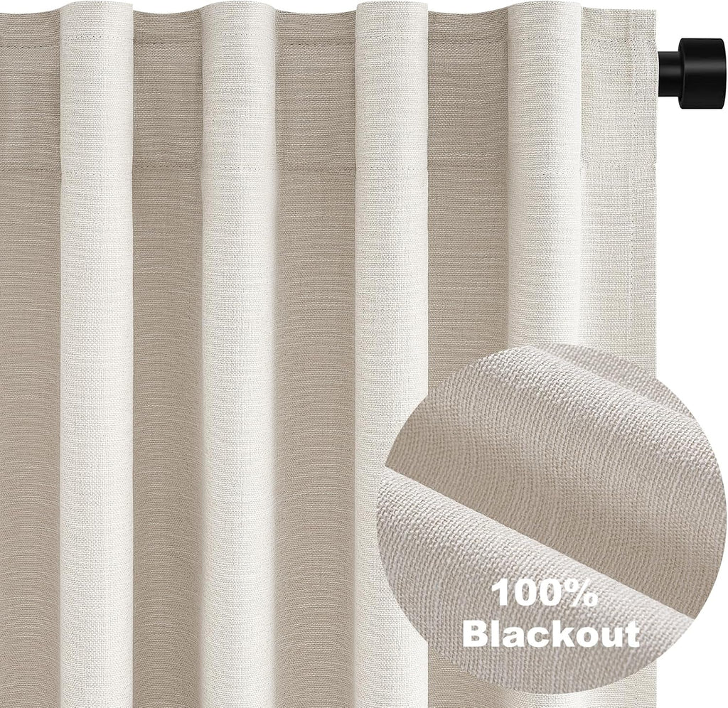 100% Blackout Linen Curtains (Set of 2 Panels) Ivory Blackout Cream White Curtains, Pinch Pleated Back Tab Sun Blocking
