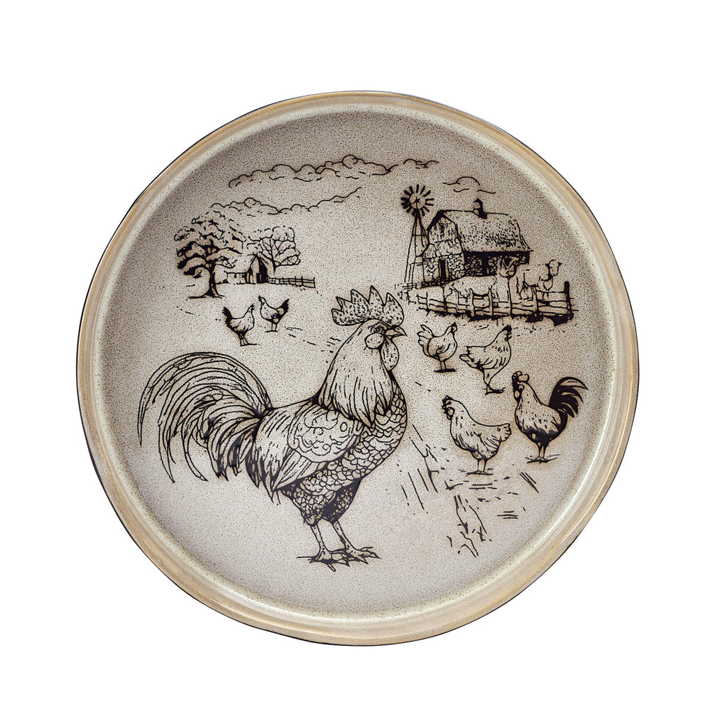 Farmyard Rooster 12 Piece Farmhouse Style Dinnerware Set, Service for 4, Plate Bowl with High Rims, Rustic Design