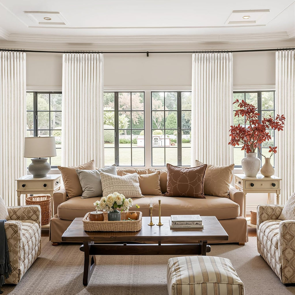 Natural Pleated Thick Linen Curtains 84 Inch Long for Living Room | Ivory Light Filtering Sheer Curtain,Back Tab