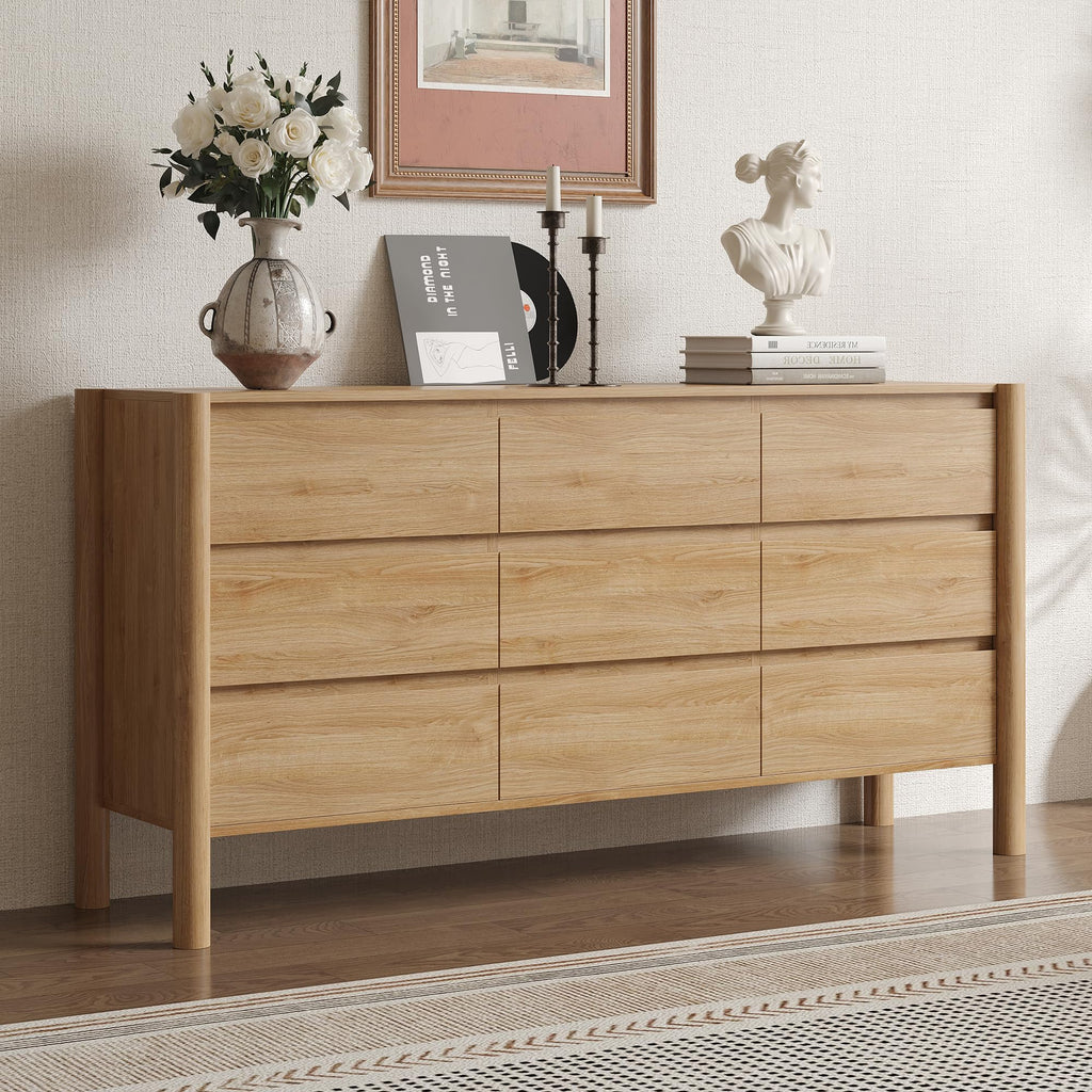 63" Wide Oak 9 Drawer Dresser with Solid Wood Legs