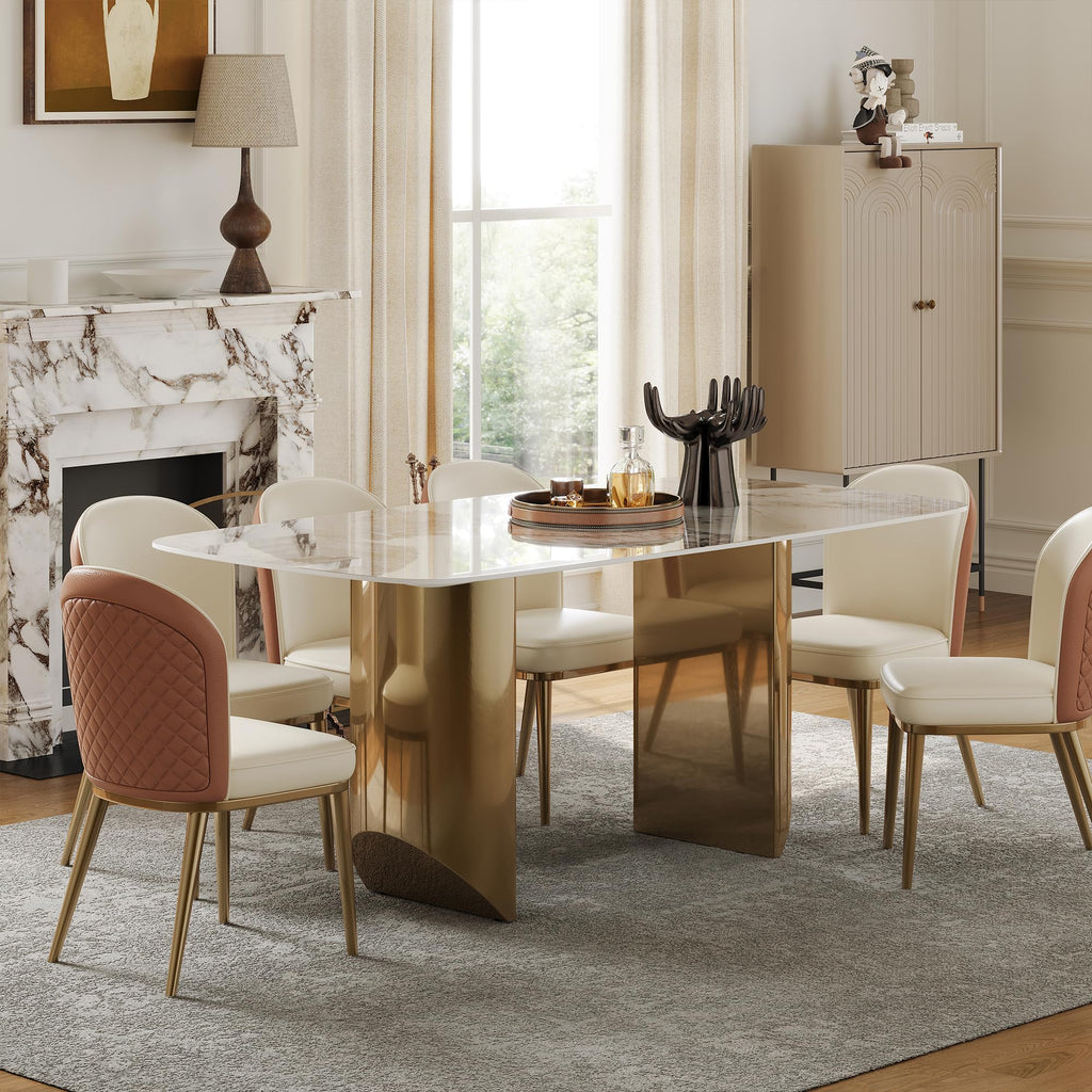 71'' Dining Table for 6-8 People, Modern Small Sintered Stone Kitchen Table with Gold Metal Legs, Luxury Rectangle