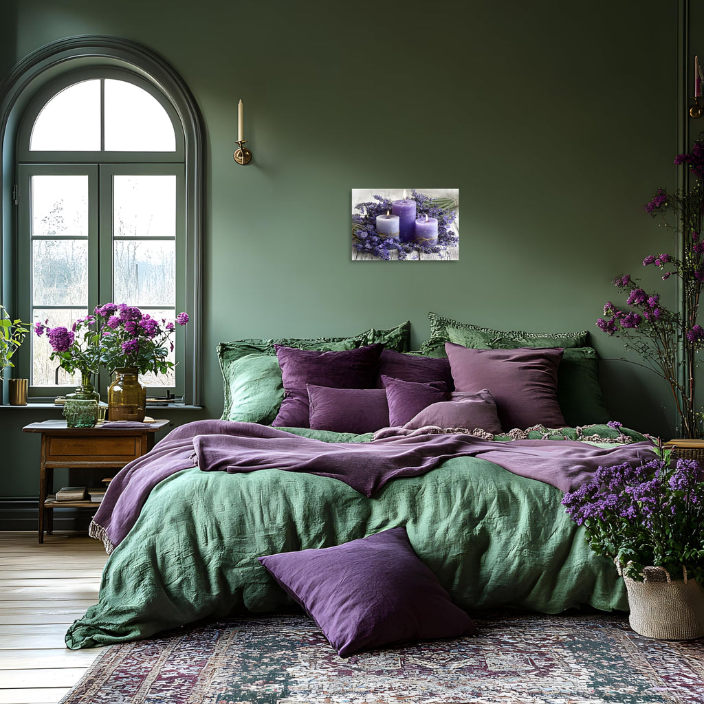 1 Panel Purple Wall Art Purple Wall Decor Lavender with Candle Canvas Picture Modern Flowers Pictures Kitchen Office