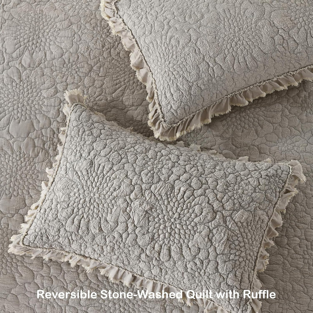 Beige Ruffled Quilt Queen, Stone-Washed Microfiber Lightweight Crinkled Farmhouse Rustic Shabby Chic Bedding Set, 3