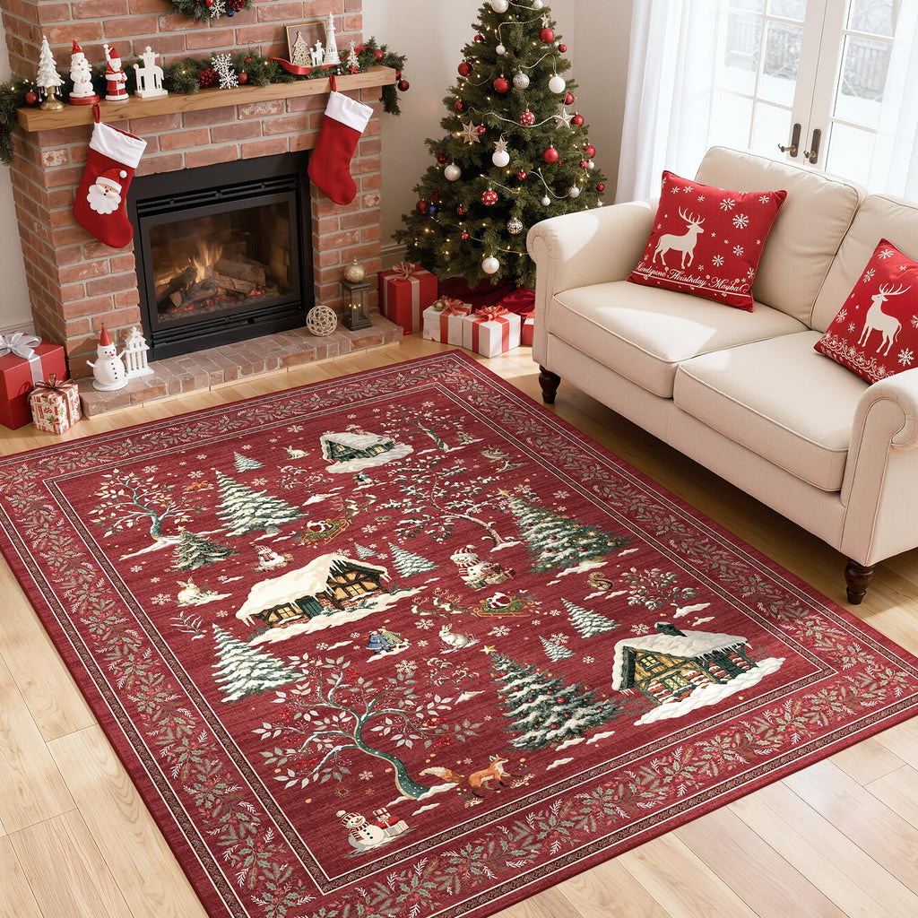 Christmas 8x10 Area Rug, Washable, Traditional, Red