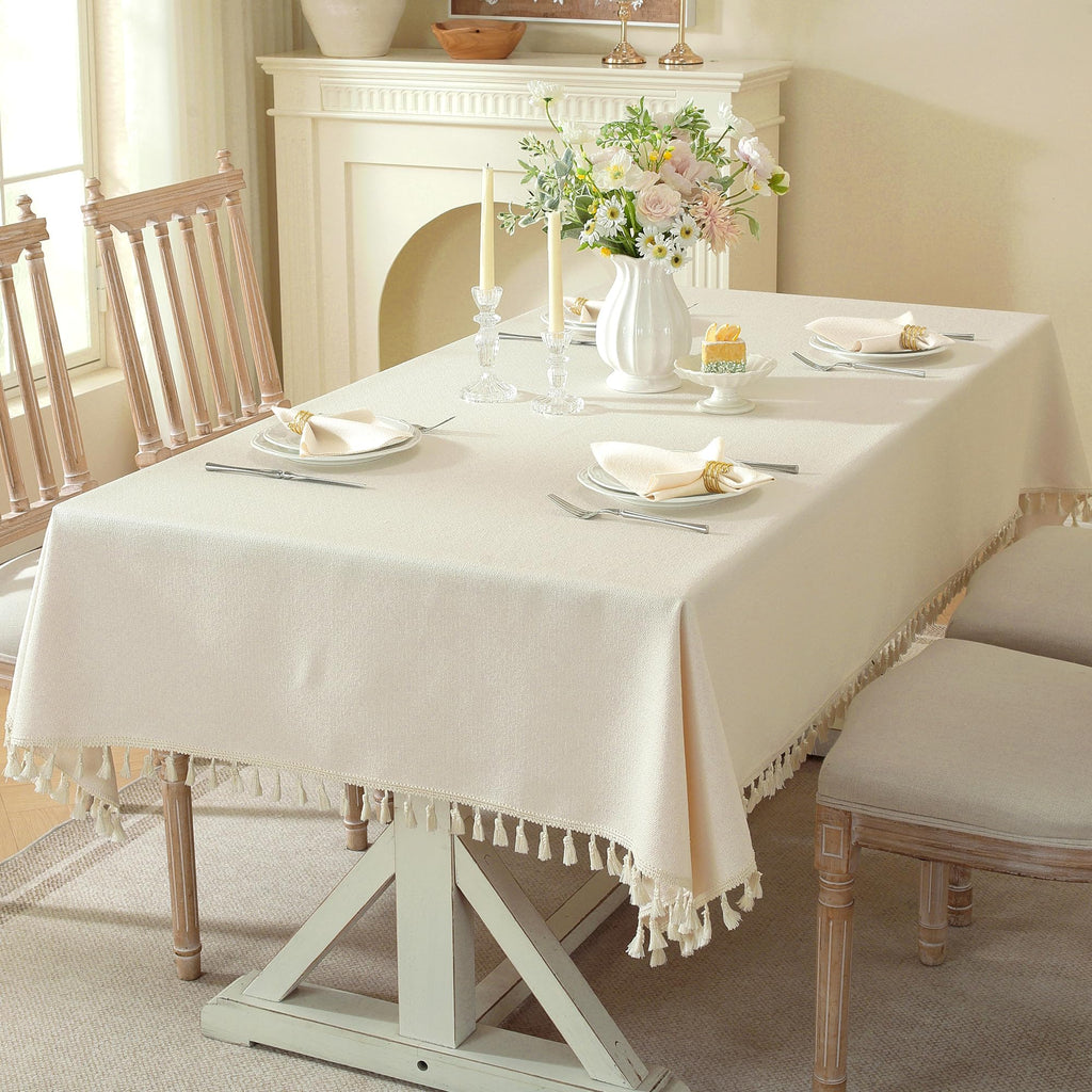 White Linen Tablecloth Spillproof Tassel Table Cover 55x70 Rectangle