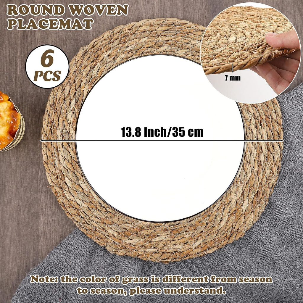 Round Woven Placemats - 13.8 Inches Natural Boho Rattan Wicker Table Mats Dining Table - Set of 6