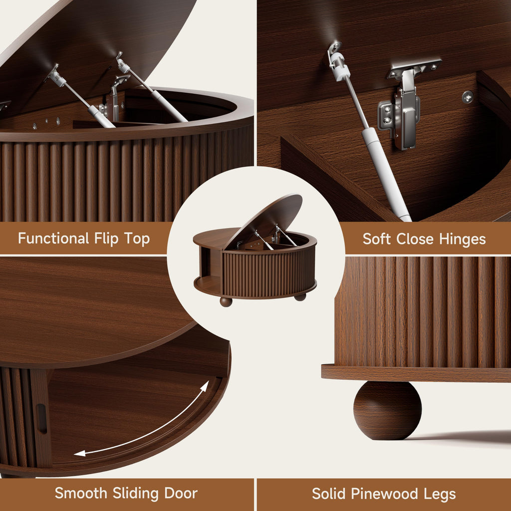 Fluted Round Coffee Tables, 31.5" Mid Century Modern Circle Drum Table with Storage, Accent Coffee Table with Sliding