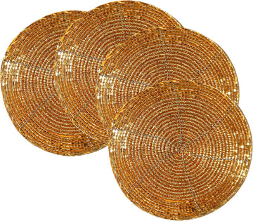 Beaded Farmhouse Coasters - 4" Round Boho Drink Coasters, Absorbent Table Décor for Bar, Parties, Fall, Gold - Set of 4