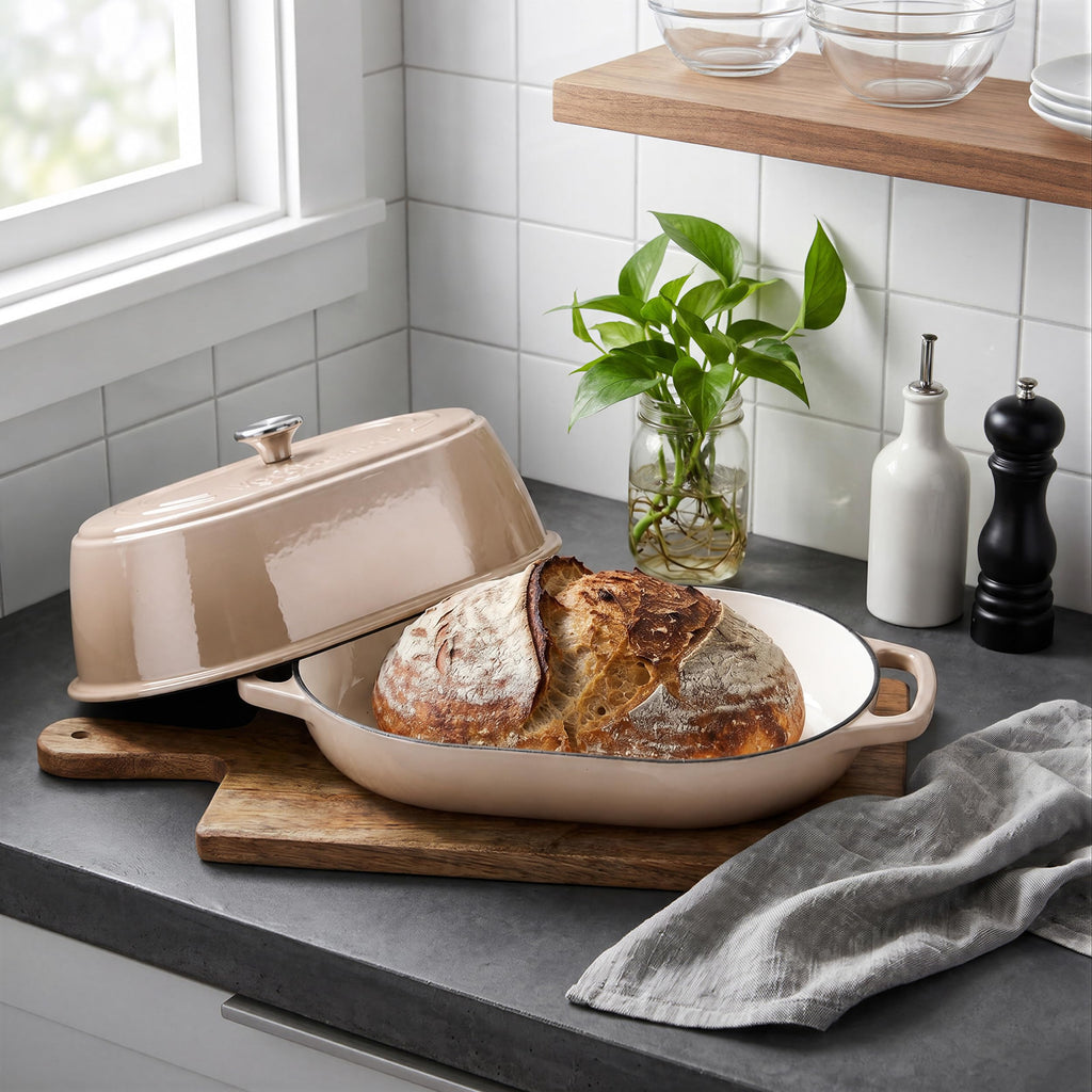 Enameled Cast Iron Dutch Oven Pot with Dome Lid, Oval Bread Oven made Sourdough Bread Baking, Oven Safe up to 500°F