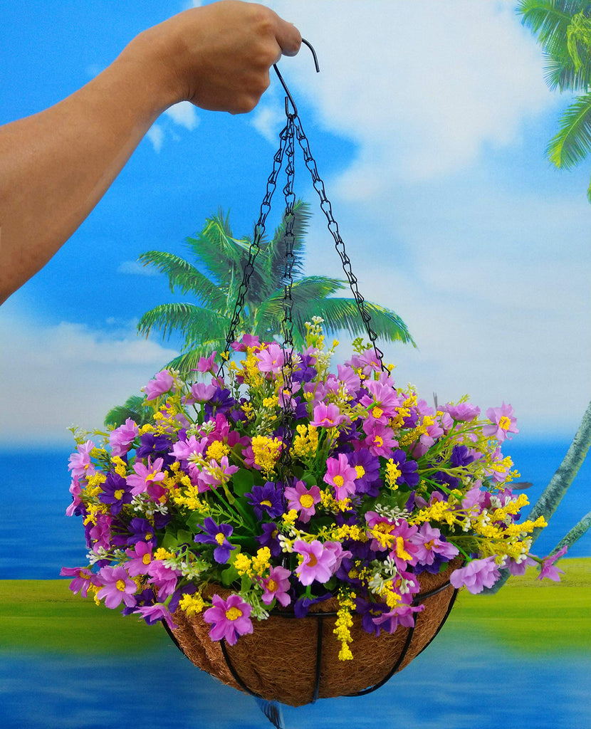 Silk Flower Chain Hanging Basket Flowerpot Artificial Daisy Fake Flowers Purple (Medium Basket)