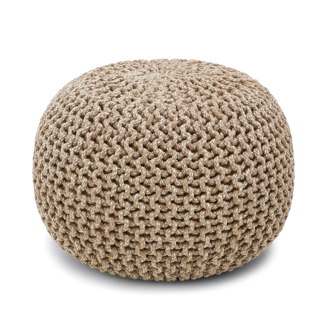 Round Pouf - Hand Knitted Boho Poof - Beige Ivory, Set of 2