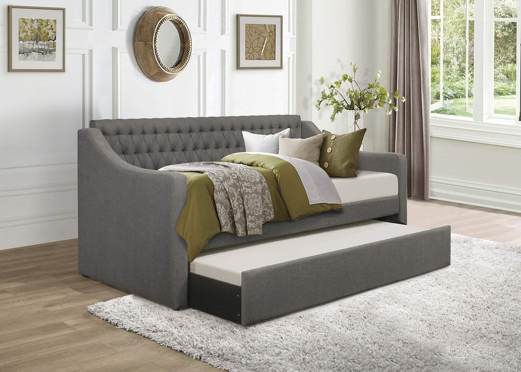 Twin Daybed with Trundle, Button Tufted, Fabric Upholstery, Gray