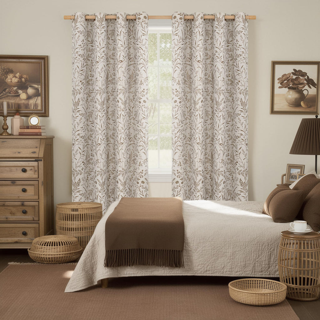 Brown Fall Curtains - Linen Jacquard Botanical Branch Vintage Cottage Core Light Filtering French Country Rustic