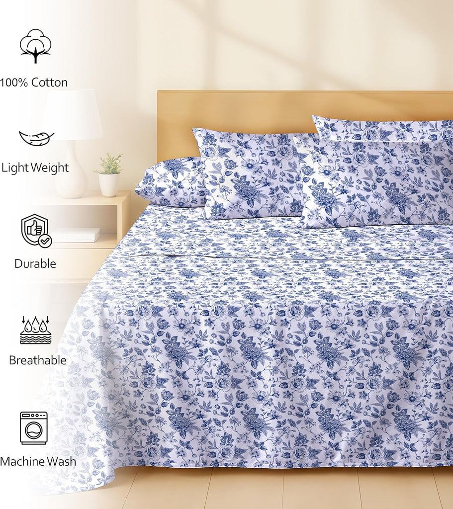 100% Cotton Percale Sheets King, Wild Flower | Cooling Bed Sheets for Hot Sleepers, Deep Pocket 16", Breathable