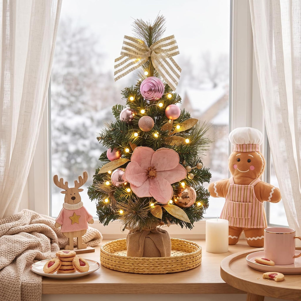 24" Pink Small Christmas Tree Mini Tabletop with Lights