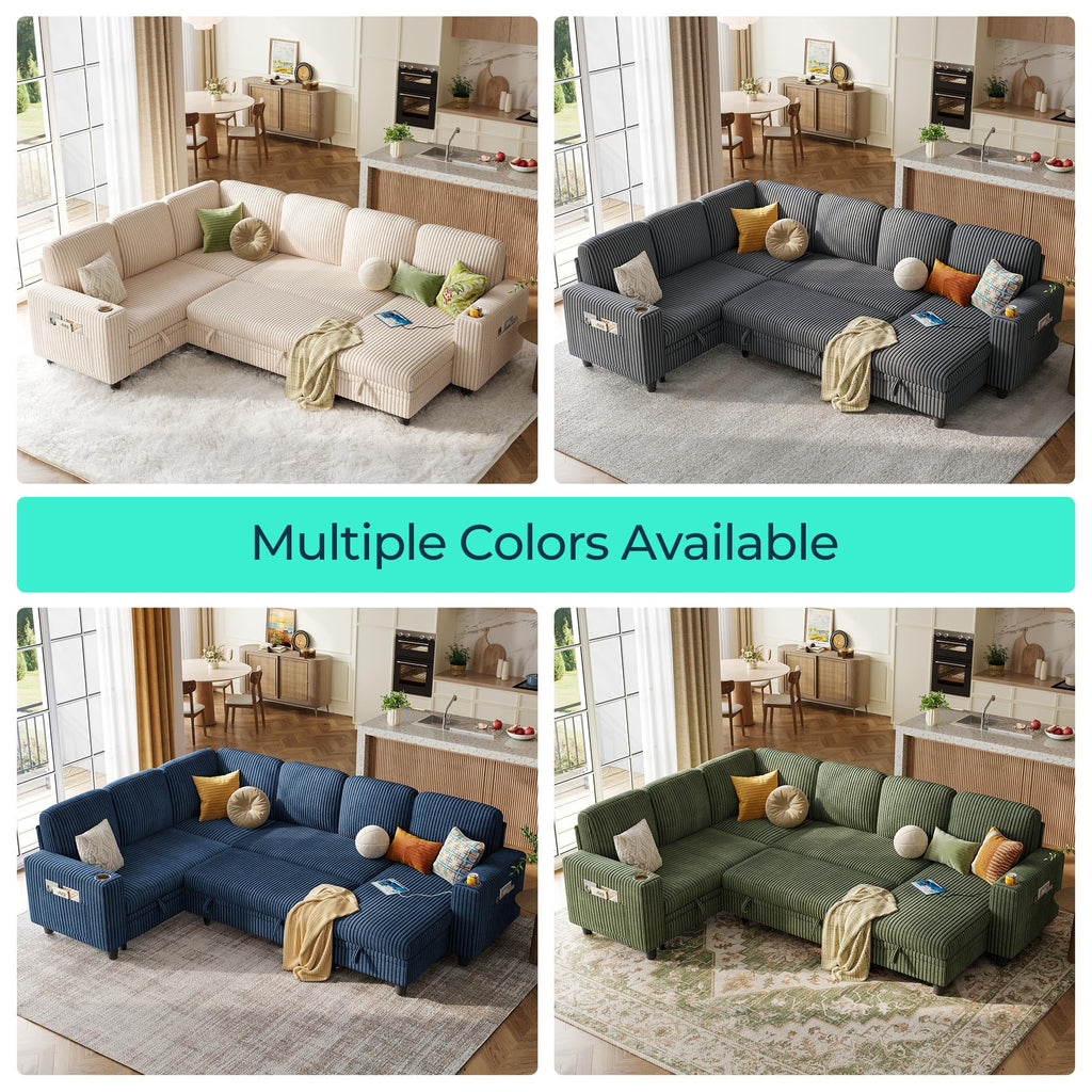 L Shaped Sectional Pull Out Couch, 6 Seats Corduroy Sleeper Sofa with Storage Chaise&Seat and Versatile Armrest, 106"
