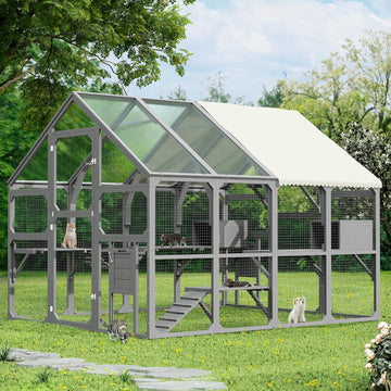 Large Catio Outdoor Cat Enclosure, Wooden Walk-in Cat House with Roof