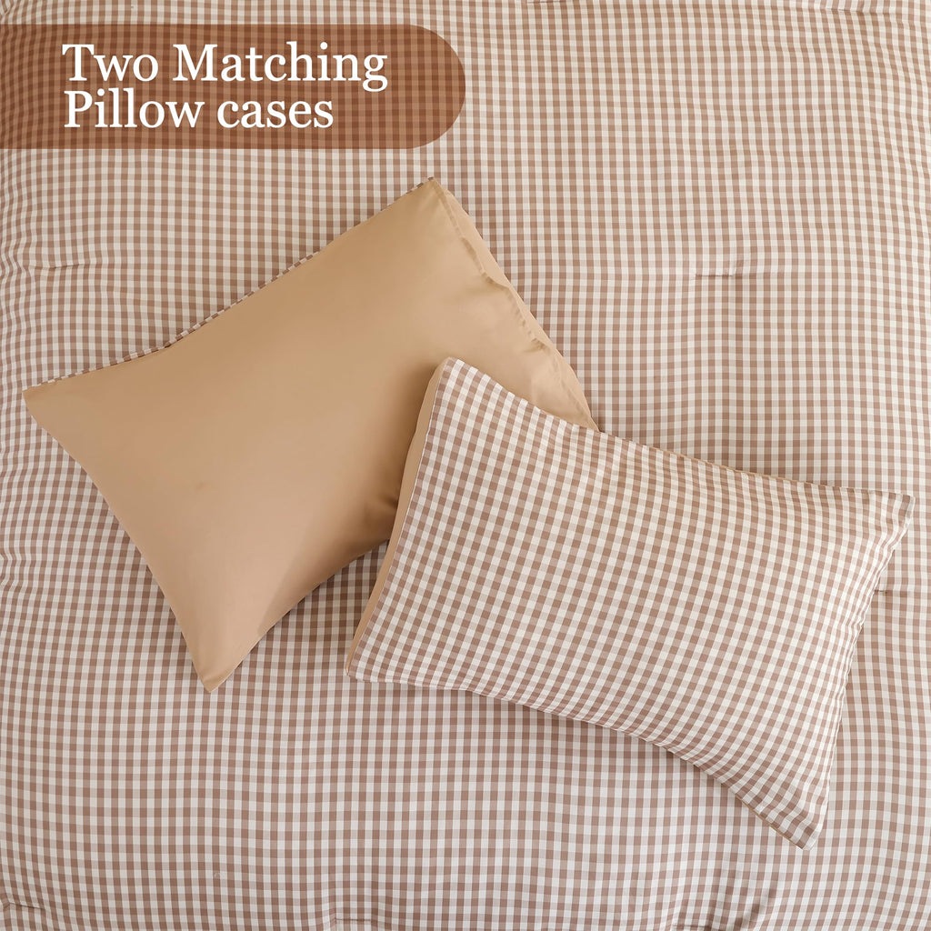 Gingham Comforter Set, 3 Pieces Tan Plaid Comforter Set