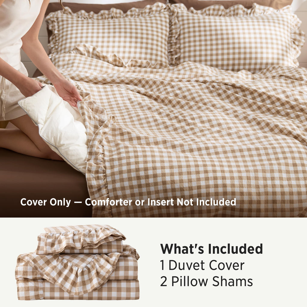Brown Gingham Ruffle Duvet Cover Set, Cotton-Like Quilt Cover