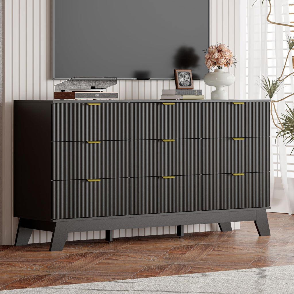 Black Dresser 9 Drawer Dresser, 57''Wide Fluted Wooden Dresser Storage Cabinet and Chest of Drawers with Metal