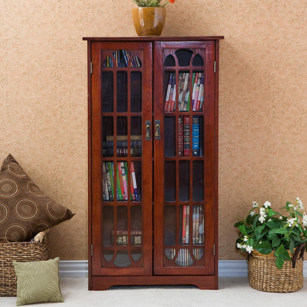 Window Pane Media Cabinet - Cherry - Transitional Design, Brown Glass and Wood - Ideal
