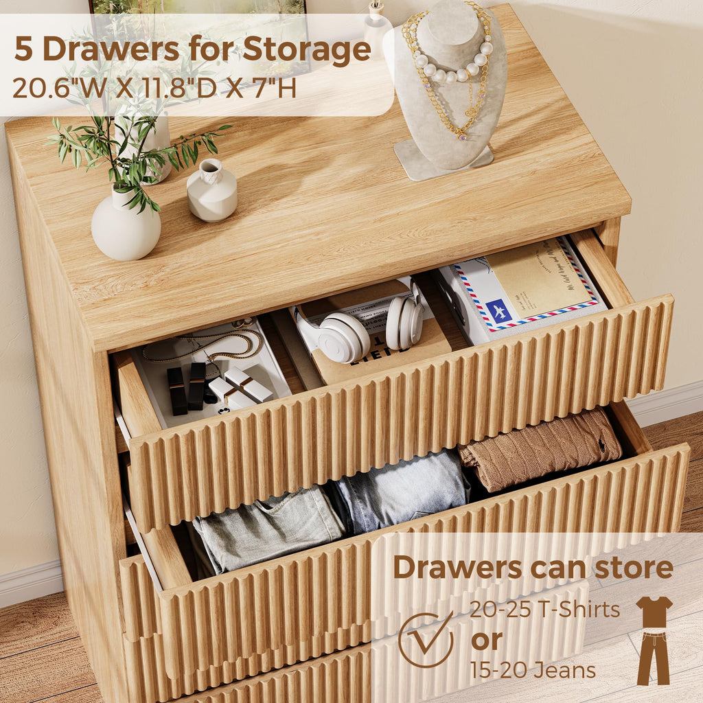 Fluted 5 Drawer Dresser, 43" Tall Dresser, Modern Fluted Chest of Drawers, Handle-Free/Floor-Mounted Wood Drawer
