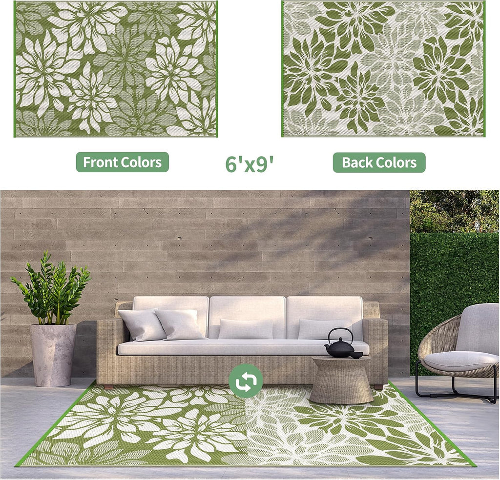 Outdoor Rug Waterproof Decor, 6' x 9' Reversible Plastic Straw Floral Camping Carpet, Large Area Rugs Mats for RV