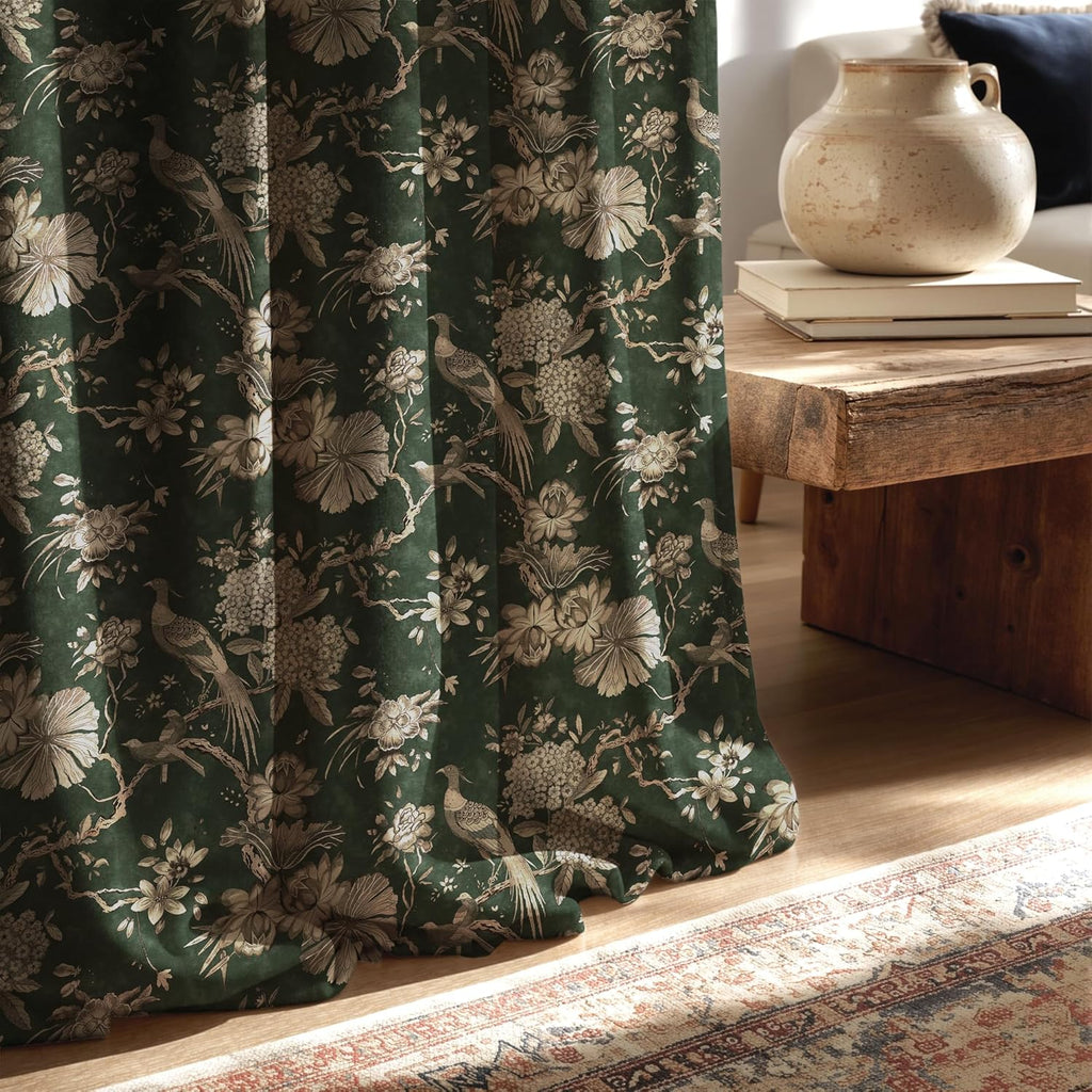 Green Printed Velvet Curtains,Retro Luxury Floral Peacock Pattern Super Soft Durable Fabric Room Darkening Privacy