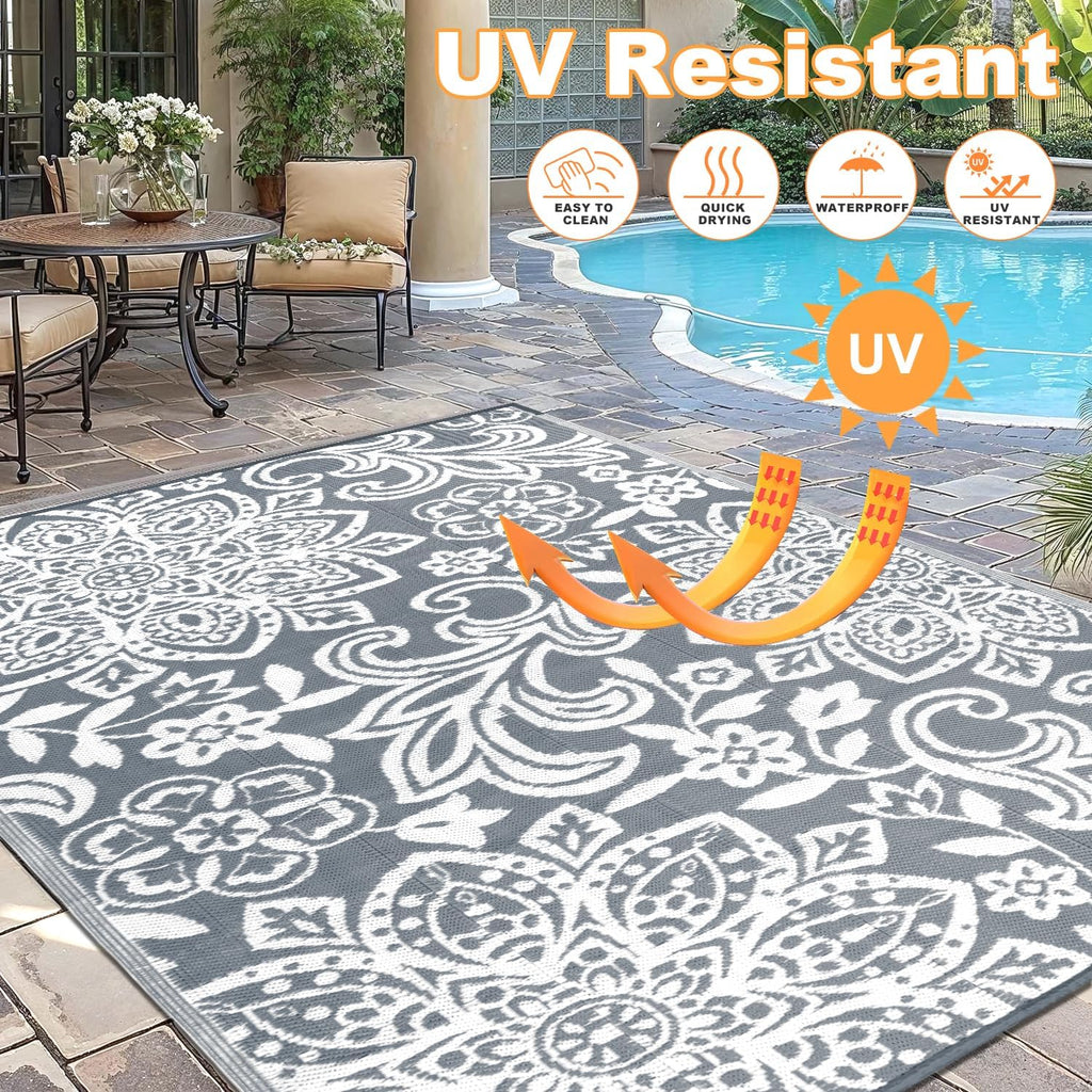 Waterproof Outdoor Rug - Reversible Mandala Outdoor Plastic Straw Rug, Durable Foldable Patio Rug for RV
