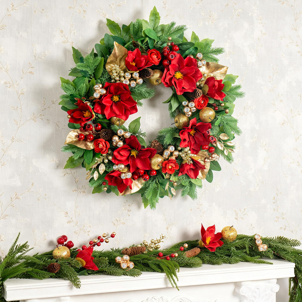 24 Inch Magnolia Christmas Wreath for Front Door, Christmas Wreath with LED Lights, Red Flowers, Red Berries